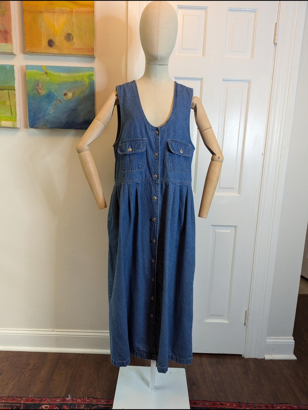 Sleeveless Denim Button-Front Midi Dress in Blue